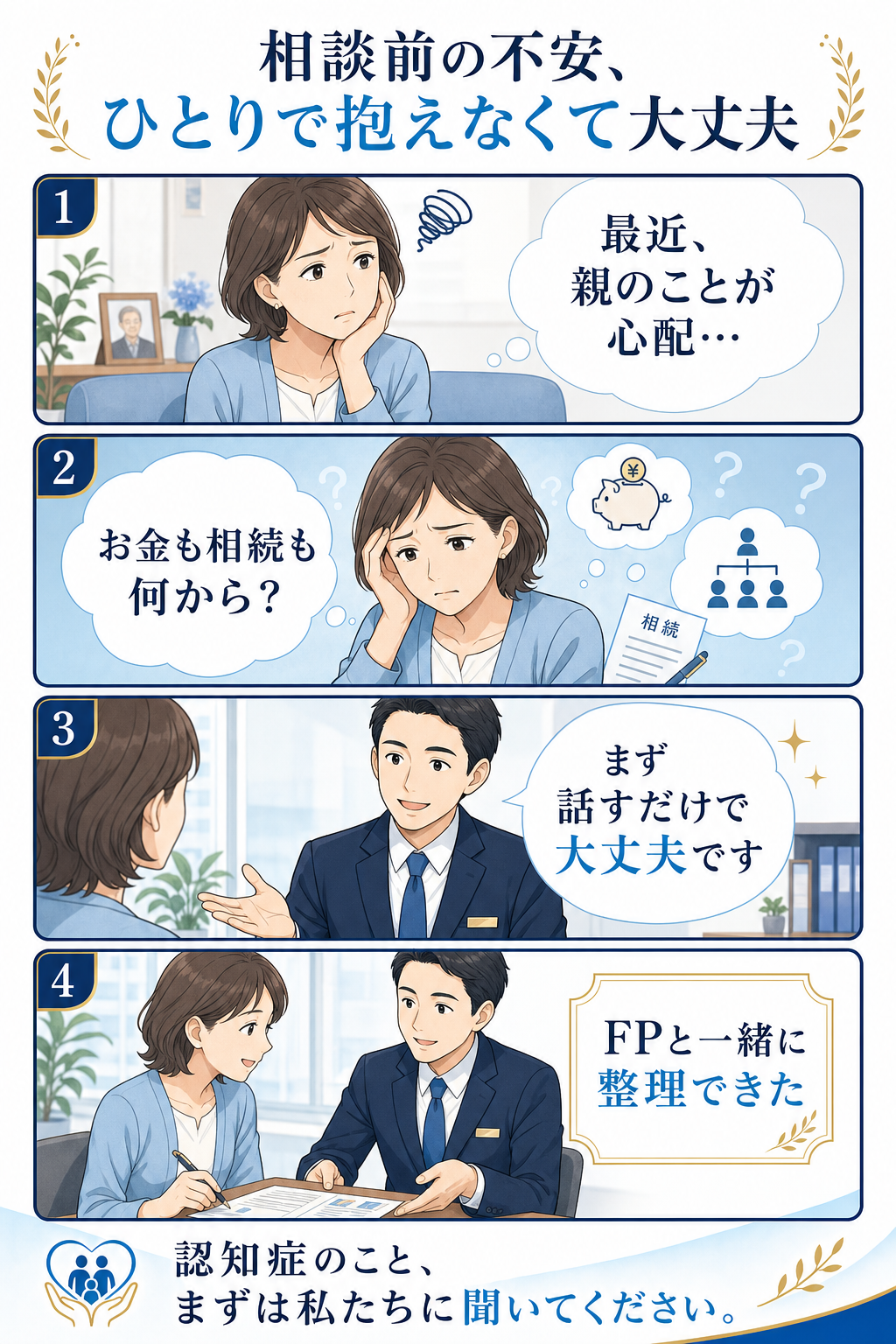 相談前の不安をひとりで抱えなくて大丈夫と伝える4コマ漫画