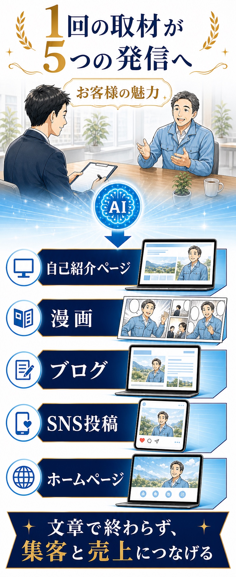 1回の取材から自己紹介ページ、漫画、ブログ、SNS投稿、ホームページへ展開するAIライターの図解