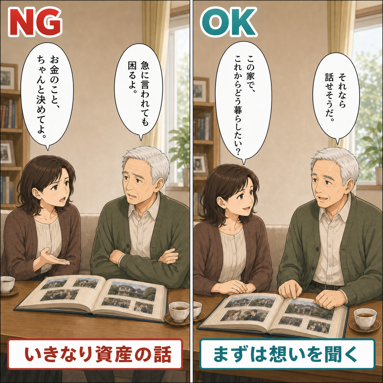父娘の会話例。いきなり資産の話をするNGと、まず想いを聞くOKの比較