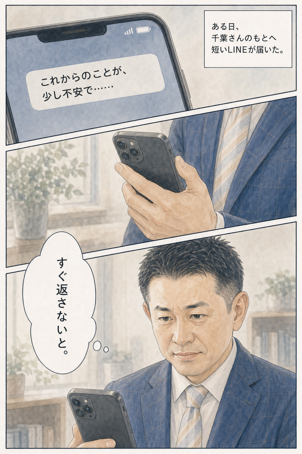 漫画 3/30：これからのことが少し不安だという短いLINEを受け取る千葉さん