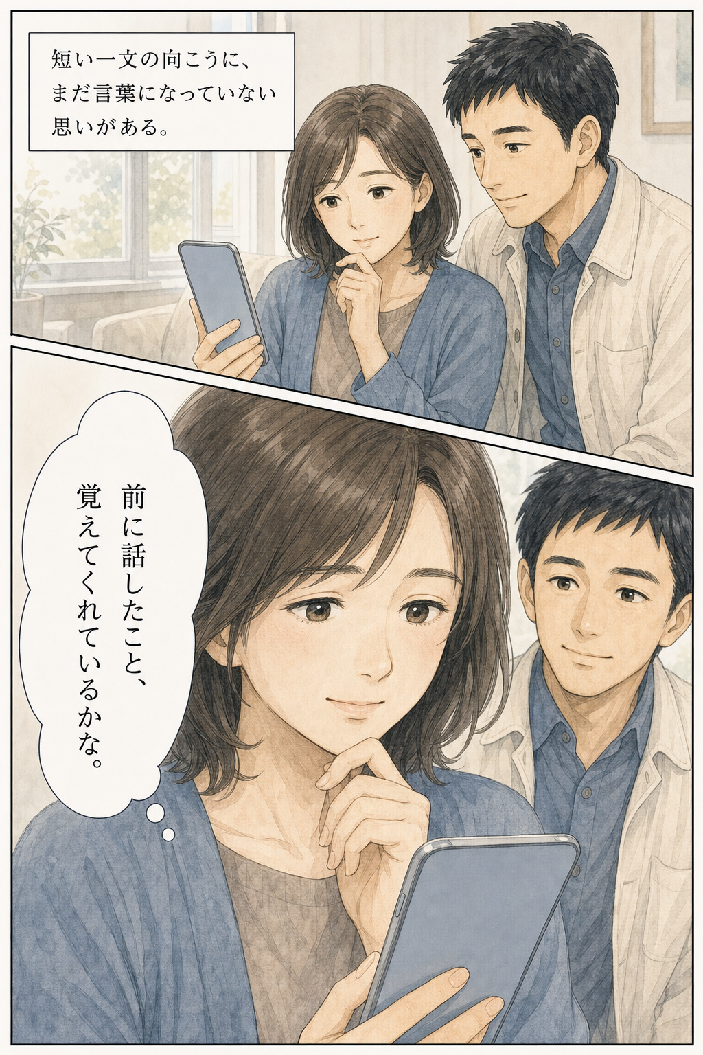 漫画 4/30：前に話したことを覚えてくれているか気にしながら返事を待つお客様
