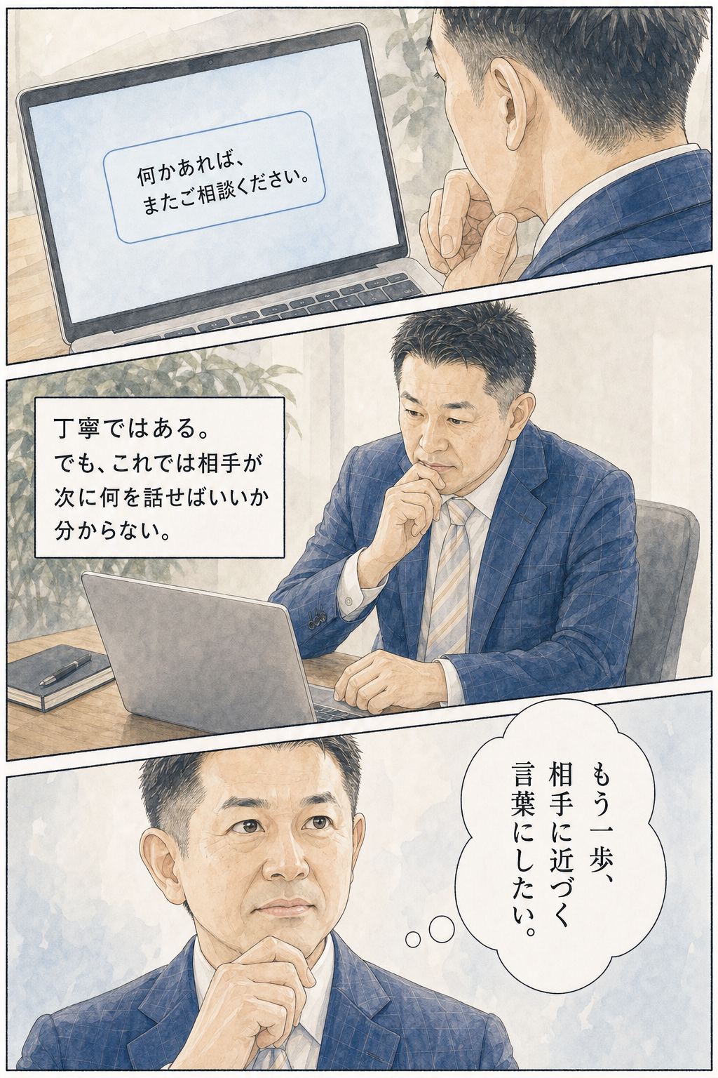 漫画 6/30：定型的な返信では相手が次に何を話せばよいか分からないと気づく千葉さん