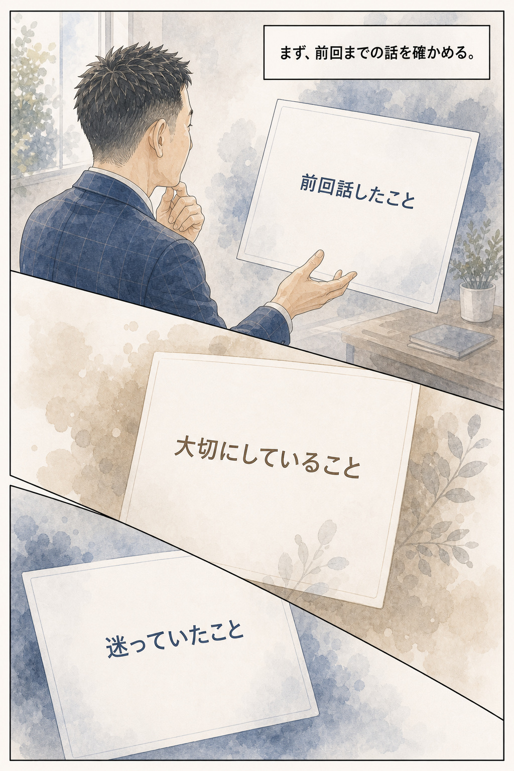 漫画 7/30：前回話したこと、大切にしていること、迷っていたことを顧客別記録で確かめる千葉さん
