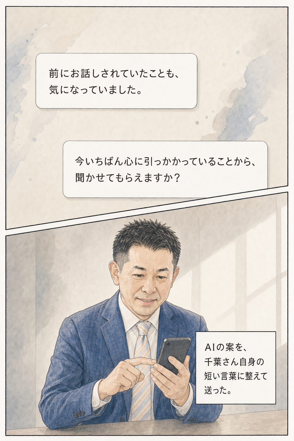 漫画 11/30：第二の脳の案を千葉さん自身の短い言葉に整えて送る場面