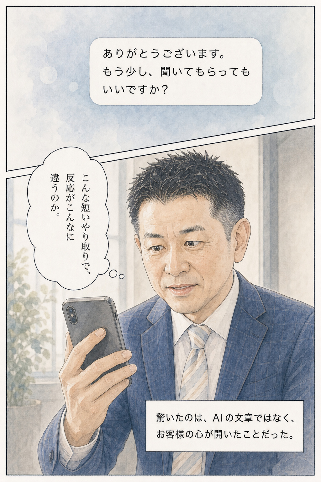 漫画 13/30：短いやり取りでもお客様の反応が変わることに驚く千葉さん
