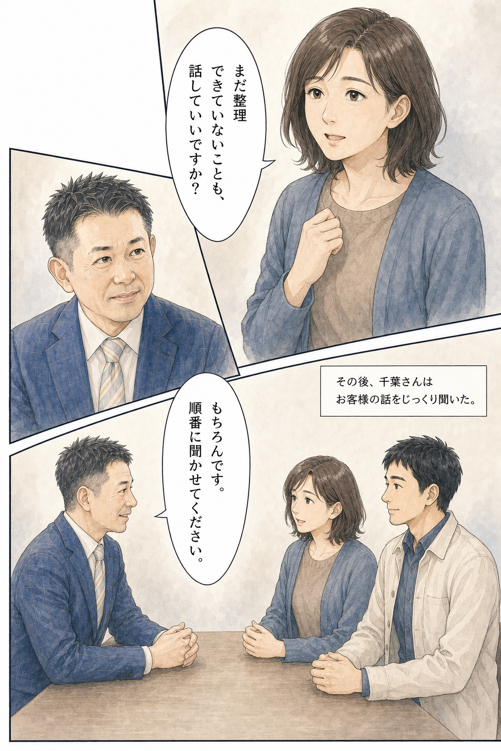漫画 14/30：もう少し話したいというお客様の言葉をじっくり聞く千葉さん