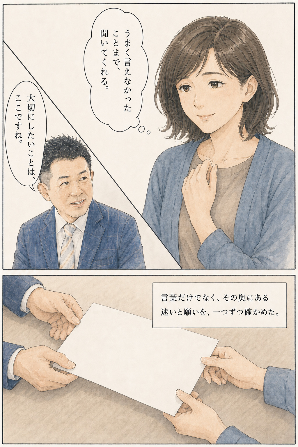 漫画 16/30：言葉の奥にある迷いと願いを、一つずつ確かめる千葉さんとお客様