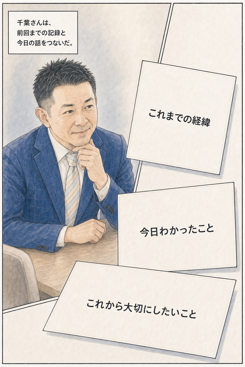 漫画 17/30：前回までの記録と今日の話をつなぎ、これまで、今日、これからを整理する千葉さん