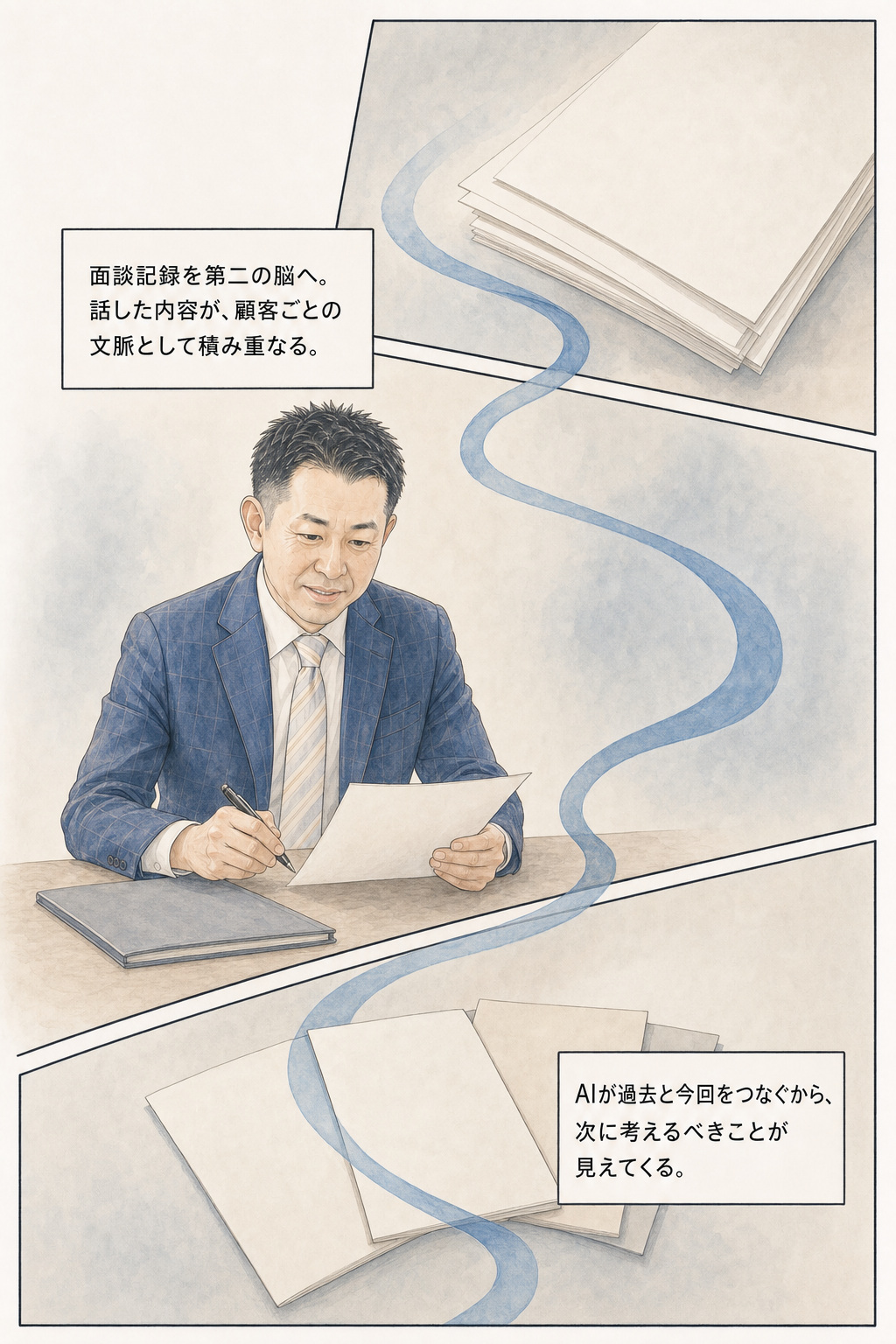 漫画 18/30：面談記録が顧客ごとの文脈として積み重なり、AIが過去と今回をつないで次に考えることを示す場面
