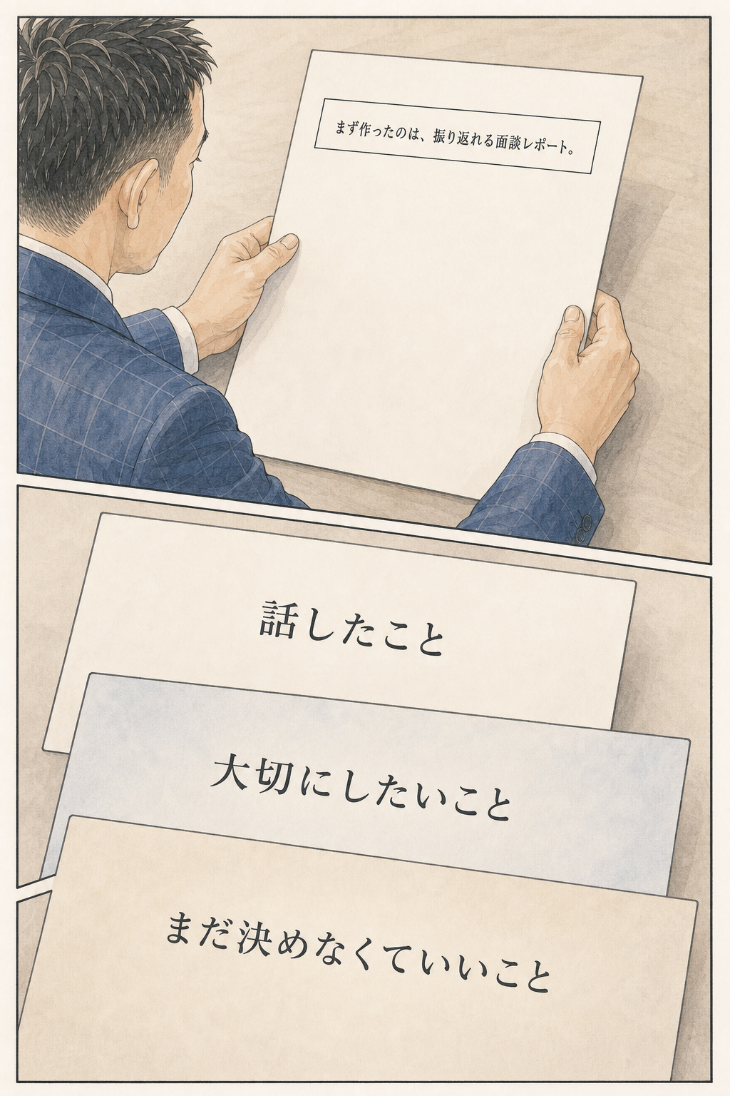 漫画 19/30：話したこと、大切にしたいこと、まだ決めなくてよいことを面談レポートへまとめる場面