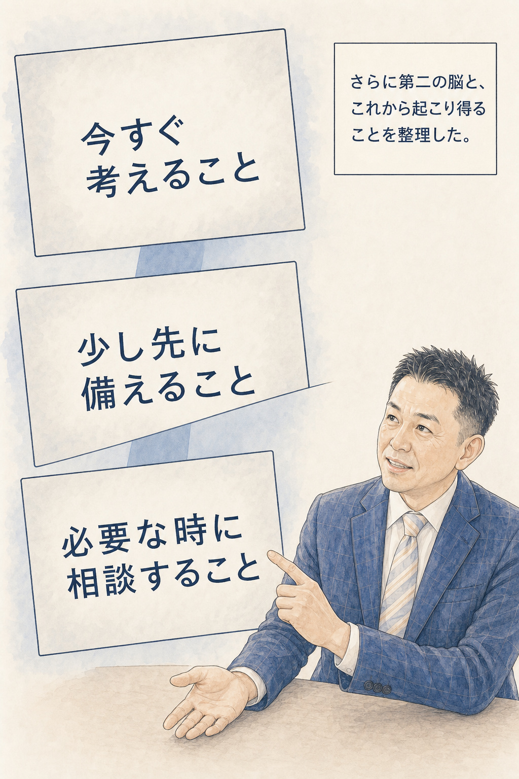 漫画 20/30：第二の脳と、今すぐ、少し先、必要な時に考えることを整理する場面