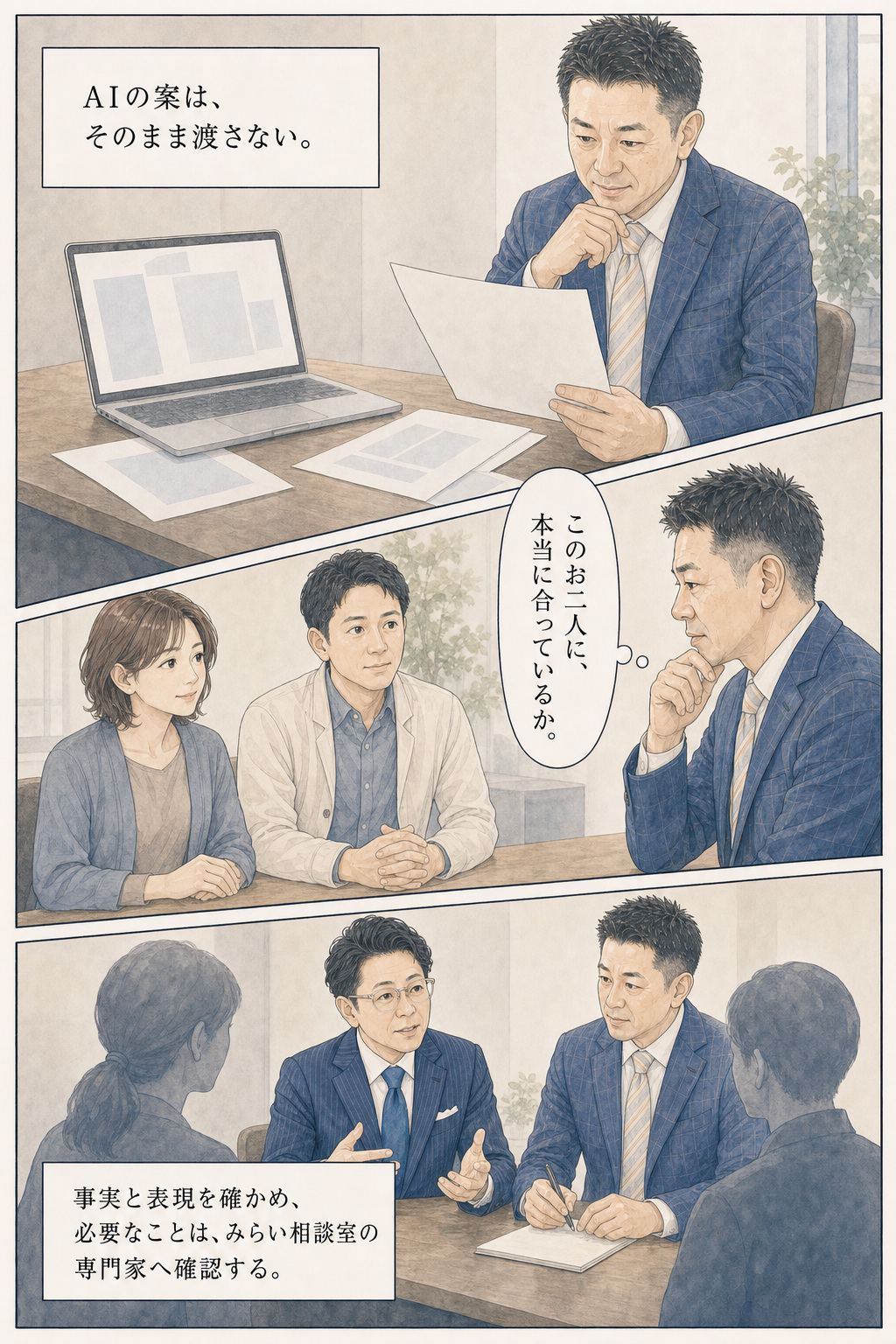 漫画 22/30：AIの案をそのまま渡さず、千葉さんが確かめ、必要なことをみらい相談室の専門家へ確認する場面