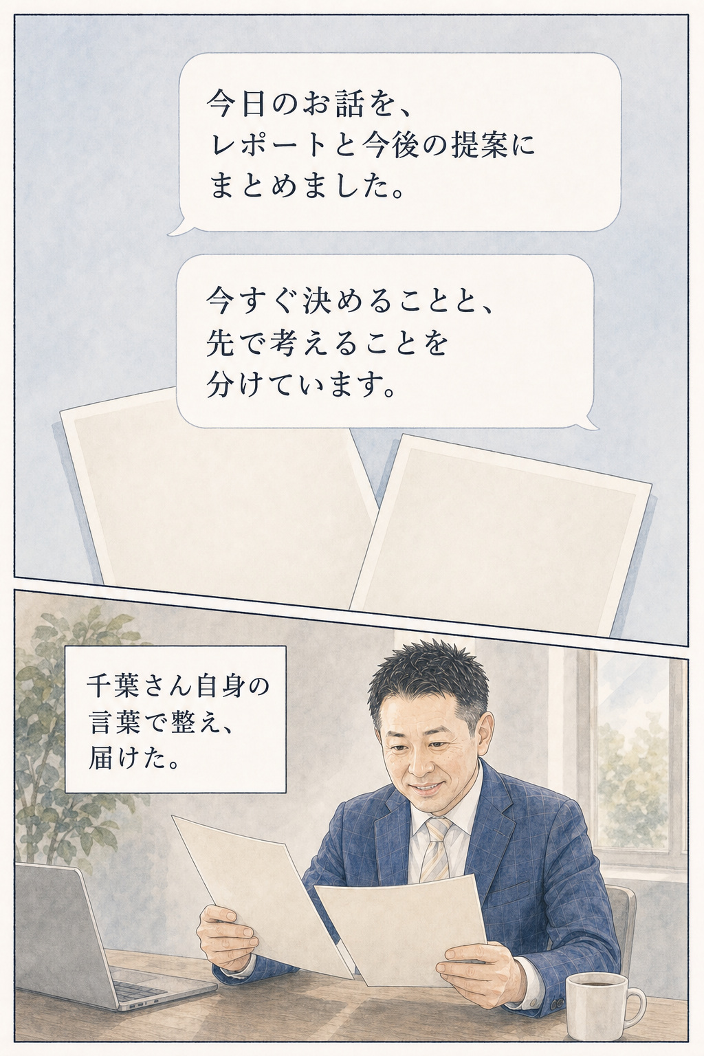 漫画 23/30：面談レポートと今後の提案を、千葉さん自身の言葉へ整えて届ける場面