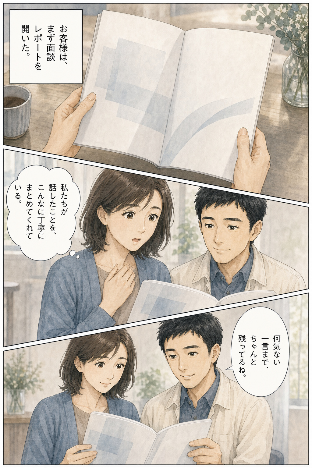 漫画 24/30：面談レポートを読み、何気ない一言まで丁寧に拾われたことへ驚くお客様