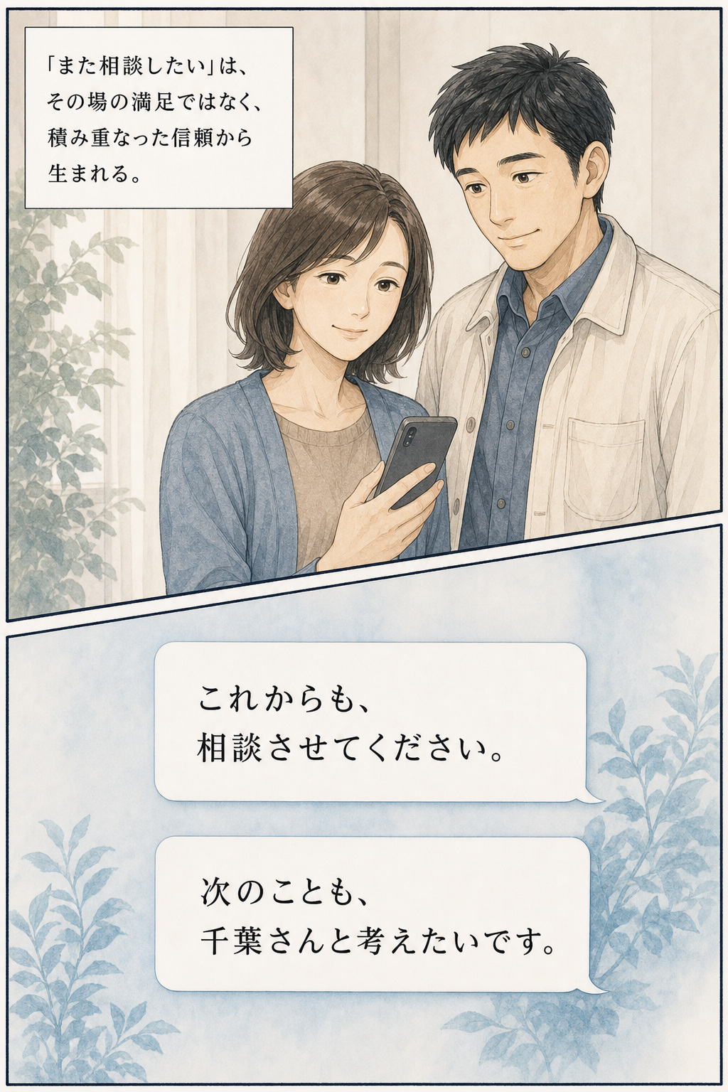 漫画 27/30：積み重なった信頼から、これからも千葉さんへ相談したいと伝えるお客様