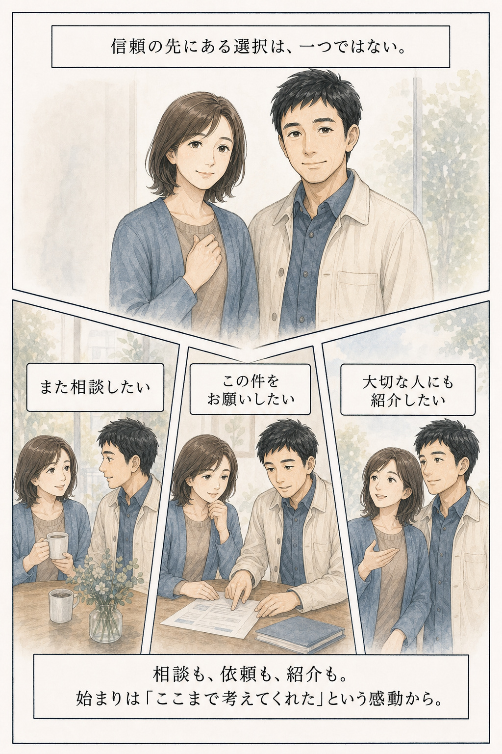 漫画 28/30：信頼の先に、相談、依頼、紹介という三つの選択があることを示す場面