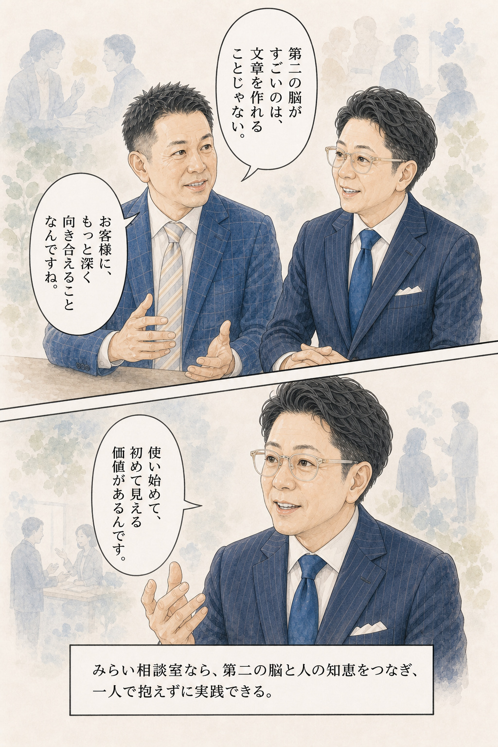 漫画 29/30：第二の脳の価値は文章作成ではなく、お客様へ深く向き合えることだと話す千葉さんとわけた代表