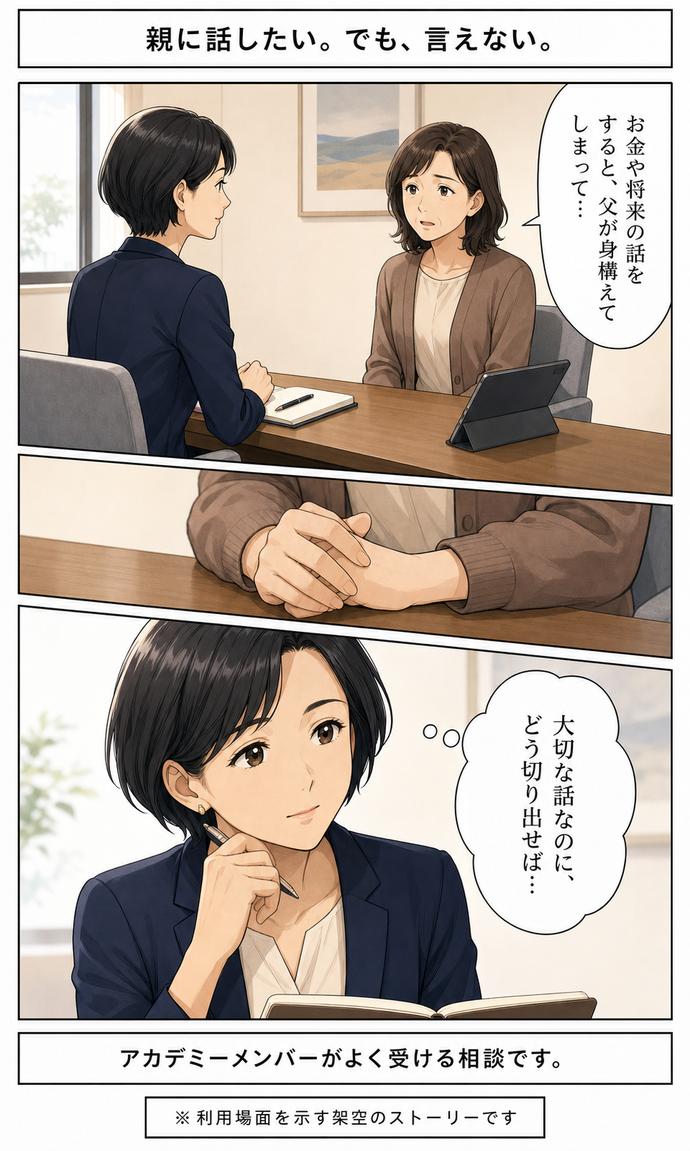 親に話したいが言えない相談者と切り出し方を考えるアカデミーメンバー