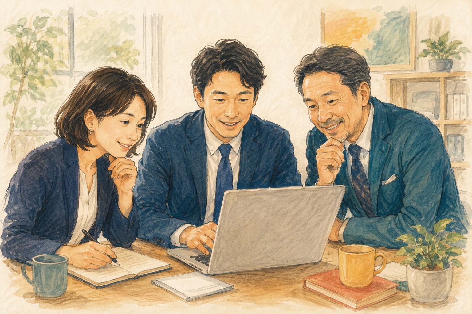 ノートパソコンを囲み、仲間と一緒にAI活用を学ぶ保険営業メンバーのイメージイラスト